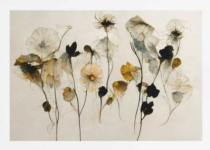 A framed artwork depicting a collection of delicate, translucent flowers against a pale, neutral background. The flowers, rendered in a watercolor style, are in shades of white, muted yellow, and deep black, with thin, wispy stems. The entire piece is enclosed in a simple silver frame. Artwork