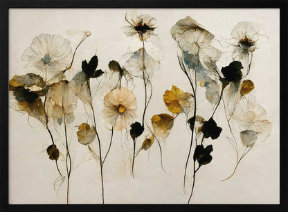 A framed artwork depicting a collection of delicate, translucent flowers against a pale, neutral background. The flowers, rendered in a watercolor style, are in shades of white, muted yellow, and deep black, with thin, wispy stems. The entire piece is enclosed in a simple silver frame. Artwork