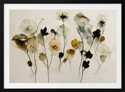 A framed artwork depicting a collection of delicate, translucent flowers against a pale, neutral background. The flowers, rendered in a watercolor style, are in shades of white, muted yellow, and deep black, with thin, wispy stems. The entire piece is enclosed in a simple silver frame. Artwork