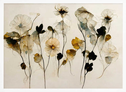 A framed artwork depicting a collection of delicate, translucent flowers against a pale, neutral background. The flowers, rendered in a watercolor style, are in shades of white, muted yellow, and deep black, with thin, wispy stems. The entire piece is enclosed in a simple silver frame. Artwork