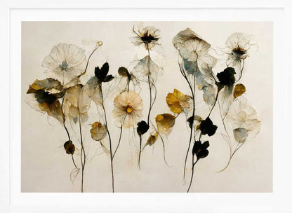A framed artwork depicting a collection of delicate, translucent flowers against a pale, neutral background. The flowers, rendered in a watercolor style, are in shades of white, muted yellow, and deep black, with thin, wispy stems. The entire piece is enclosed in a simple silver frame. Artwork