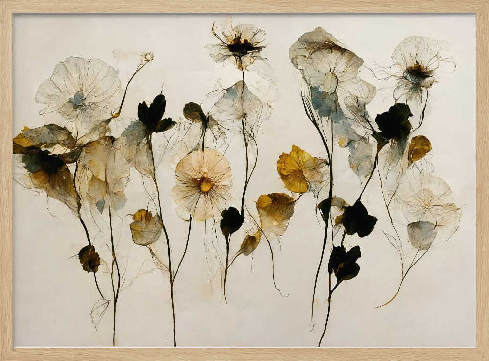 A framed artwork depicting a collection of delicate, translucent flowers against a pale, neutral background. The flowers, rendered in a watercolor style, are in shades of white, muted yellow, and deep black, with thin, wispy stems. The entire piece is enclosed in a simple silver frame. Artwork