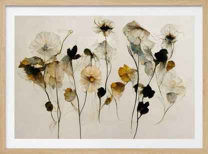 A framed artwork depicting a collection of delicate, translucent flowers against a pale, neutral background. The flowers, rendered in a watercolor style, are in shades of white, muted yellow, and deep black, with thin, wispy stems. The entire piece is enclosed in a simple silver frame. Artwork