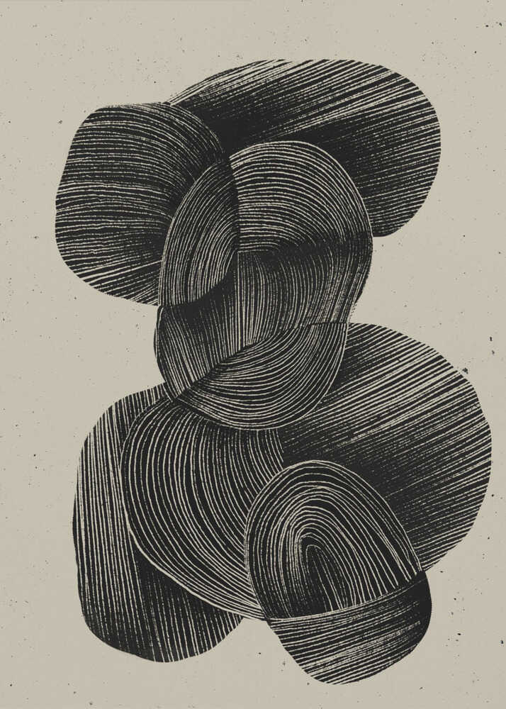 A framed abstract art print featuring a composition of interlocking, rounded organic shapes in black ink against a speckled beige background. The shapes are filled with dense, hand-drawn lines that follow their contours, creating a sense of texture and depth. The artwork is presented within a simple black frame. Wall Art