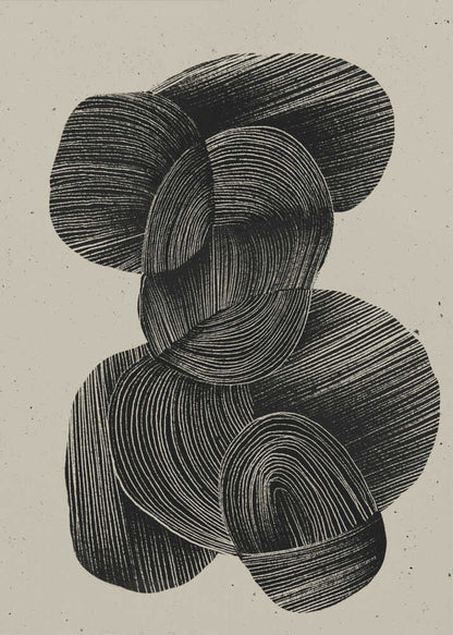 A framed abstract art print featuring a composition of interlocking, rounded organic shapes in black ink against a speckled beige background. The shapes are filled with dense, hand-drawn lines that follow their contours, creating a sense of texture and depth. The artwork is presented within a simple black frame. Wall Art