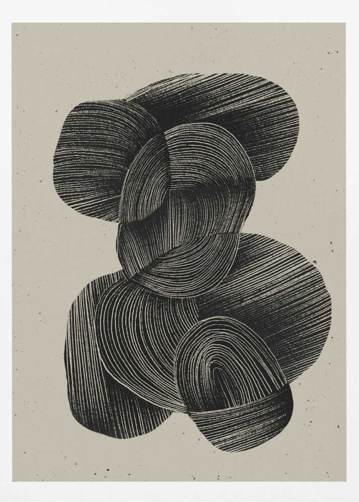 A framed abstract art print featuring a composition of interlocking, rounded organic shapes in black ink against a speckled beige background. The shapes are filled with dense, hand-drawn lines that follow their contours, creating a sense of texture and depth. The artwork is presented within a simple black frame. Wall Art