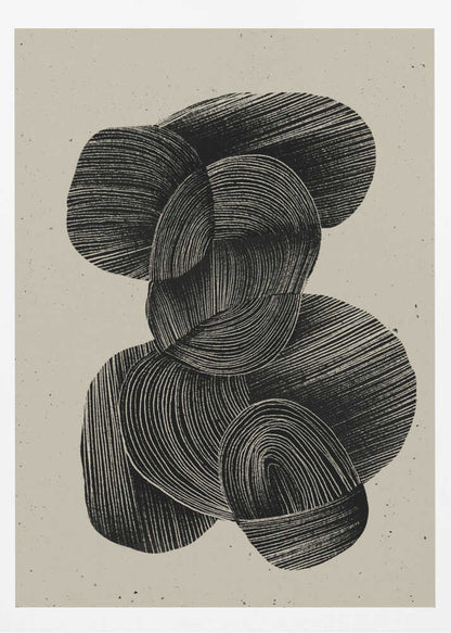 A framed abstract art print featuring a composition of interlocking, rounded organic shapes in black ink against a speckled beige background. The shapes are filled with dense, hand-drawn lines that follow their contours, creating a sense of texture and depth. The artwork is presented within a simple black frame. Wall Art