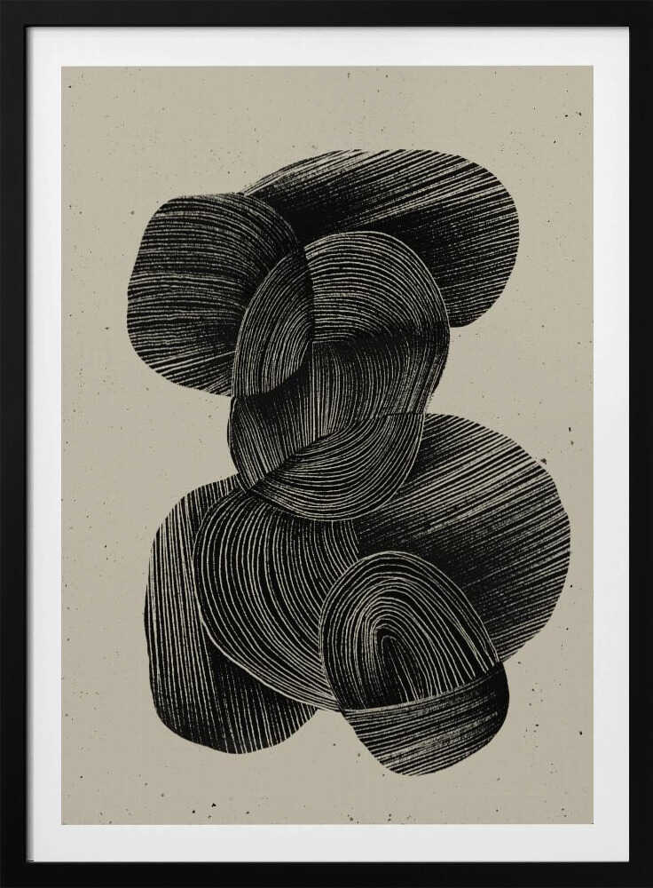 A framed abstract art print featuring a composition of interlocking, rounded organic shapes in black ink against a speckled beige background. The shapes are filled with dense, hand-drawn lines that follow their contours, creating a sense of texture and depth. The artwork is presented within a simple black frame. Wall Art