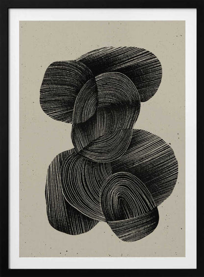 A framed abstract art print featuring a composition of interlocking, rounded organic shapes in black ink against a speckled beige background. The shapes are filled with dense, hand-drawn lines that follow their contours, creating a sense of texture and depth. The artwork is presented within a simple black frame. Wall Art