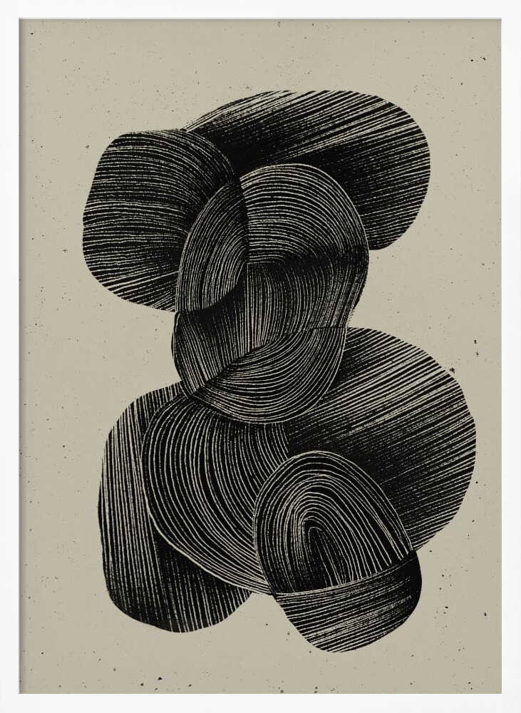 A framed abstract art print featuring a composition of interlocking, rounded organic shapes in black ink against a speckled beige background. The shapes are filled with dense, hand-drawn lines that follow their contours, creating a sense of texture and depth. The artwork is presented within a simple black frame. Wall Art