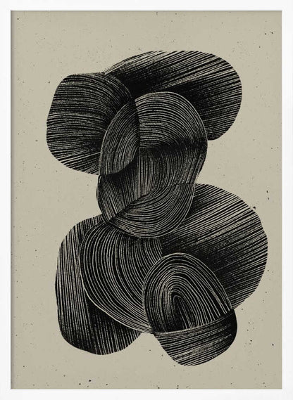 A framed abstract art print featuring a composition of interlocking, rounded organic shapes in black ink against a speckled beige background. The shapes are filled with dense, hand-drawn lines that follow their contours, creating a sense of texture and depth. The artwork is presented within a simple black frame. Wall Art