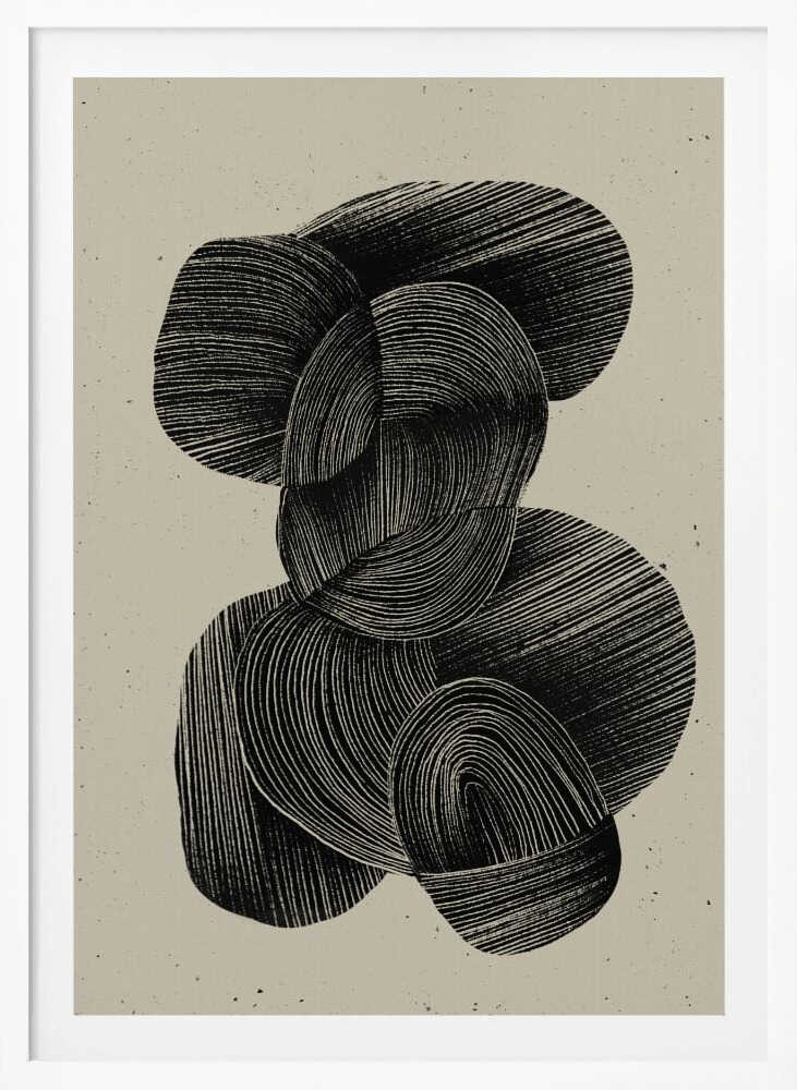 A framed abstract art print featuring a composition of interlocking, rounded organic shapes in black ink against a speckled beige background. The shapes are filled with dense, hand-drawn lines that follow their contours, creating a sense of texture and depth. The artwork is presented within a simple black frame. Wall Art