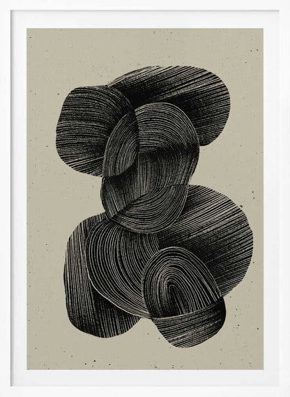 A framed abstract art print featuring a composition of interlocking, rounded organic shapes in black ink against a speckled beige background. The shapes are filled with dense, hand-drawn lines that follow their contours, creating a sense of texture and depth. The artwork is presented within a simple black frame. Wall Art