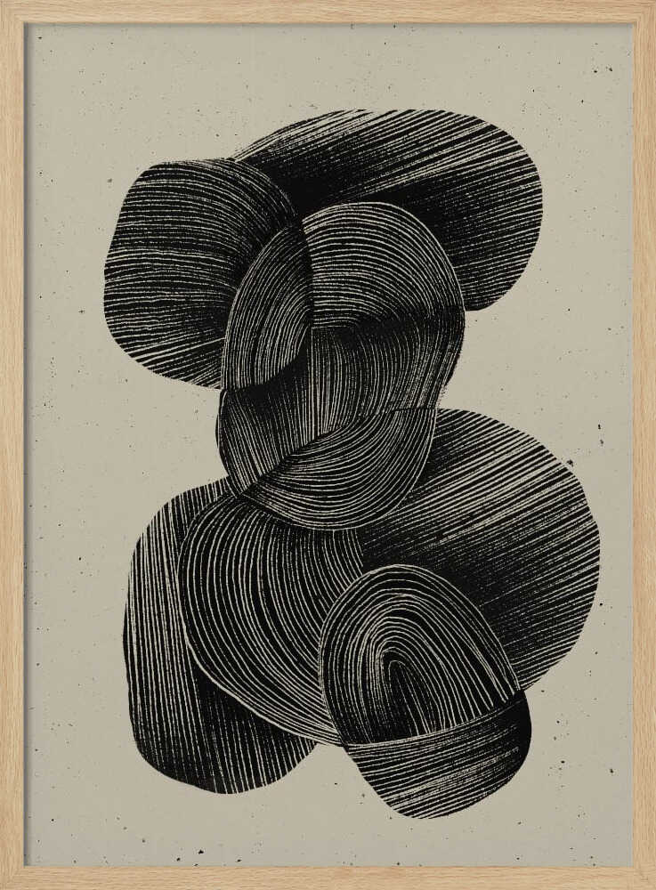 A framed abstract art print featuring a composition of interlocking, rounded organic shapes in black ink against a speckled beige background. The shapes are filled with dense, hand-drawn lines that follow their contours, creating a sense of texture and depth. The artwork is presented within a simple black frame. Wall Art