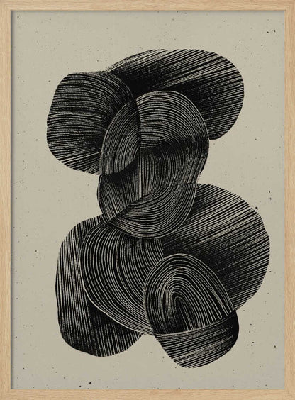 A framed abstract art print featuring a composition of interlocking, rounded organic shapes in black ink against a speckled beige background. The shapes are filled with dense, hand-drawn lines that follow their contours, creating a sense of texture and depth. The artwork is presented within a simple black frame. Wall Art