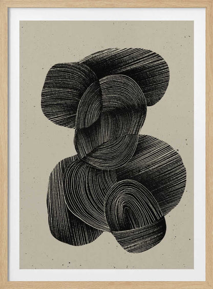 A framed abstract art print featuring a composition of interlocking, rounded organic shapes in black ink against a speckled beige background. The shapes are filled with dense, hand-drawn lines that follow their contours, creating a sense of texture and depth. The artwork is presented within a simple black frame. Wall Art