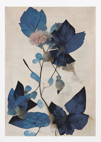 An abstract botanical artwork featuring large, angular leaves in various shades of deep and light blue. A single delicate pink flower blooms on a thin, dark stem against a textured, light cream background. The piece is displayed in a thin black frame. Artwork