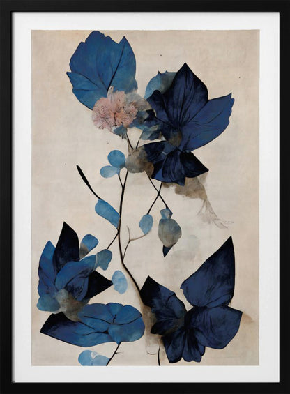 An abstract botanical artwork featuring large, angular leaves in various shades of deep and light blue. A single delicate pink flower blooms on a thin, dark stem against a textured, light cream background. The piece is displayed in a thin black frame. Artwork