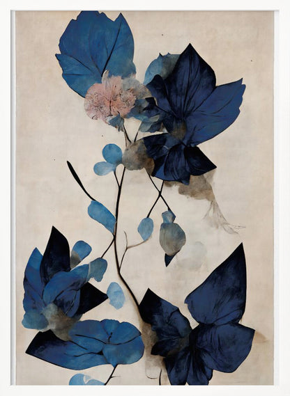 An abstract botanical artwork featuring large, angular leaves in various shades of deep and light blue. A single delicate pink flower blooms on a thin, dark stem against a textured, light cream background. The piece is displayed in a thin black frame. Artwork