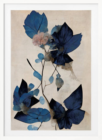 An abstract botanical artwork featuring large, angular leaves in various shades of deep and light blue. A single delicate pink flower blooms on a thin, dark stem against a textured, light cream background. The piece is displayed in a thin black frame. Artwork