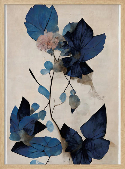 An abstract botanical artwork featuring large, angular leaves in various shades of deep and light blue. A single delicate pink flower blooms on a thin, dark stem against a textured, light cream background. The piece is displayed in a thin black frame. Artwork