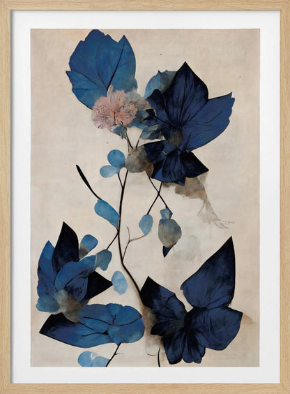 An abstract botanical artwork featuring large, angular leaves in various shades of deep and light blue. A single delicate pink flower blooms on a thin, dark stem against a textured, light cream background. The piece is displayed in a thin black frame. Artwork