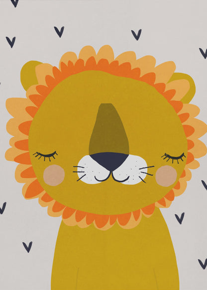 A cute, cartoon illustration of a sleeping lion's head and shoulders. The lion is golden yellow with a fluffy orange and light yellow mane, closed eyes with long lashes, a white muzzle, and pink cheeks. The background is light gray with a pattern of small, dark blue V-shapes. Wall Art
