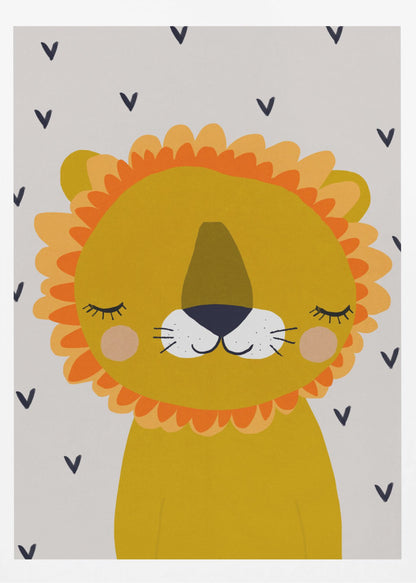A cute, cartoon illustration of a sleeping lion's head and shoulders. The lion is golden yellow with a fluffy orange and light yellow mane, closed eyes with long lashes, a white muzzle, and pink cheeks. The background is light gray with a pattern of small, dark blue V-shapes. Wall Art