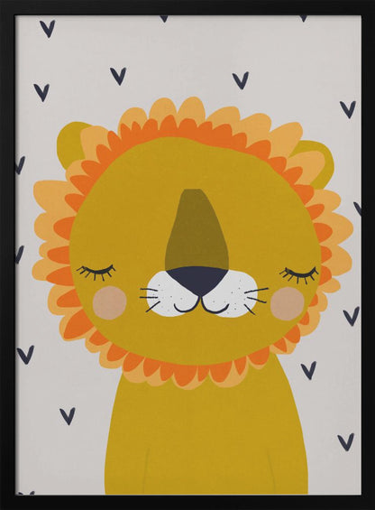A cute, cartoon illustration of a sleeping lion's head and shoulders. The lion is golden yellow with a fluffy orange and light yellow mane, closed eyes with long lashes, a white muzzle, and pink cheeks. The background is light gray with a pattern of small, dark blue V-shapes. Wall Art
