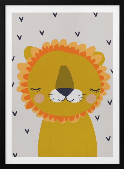 A cute, cartoon illustration of a sleeping lion's head and shoulders. The lion is golden yellow with a fluffy orange and light yellow mane, closed eyes with long lashes, a white muzzle, and pink cheeks. The background is light gray with a pattern of small, dark blue V-shapes. Wall Art