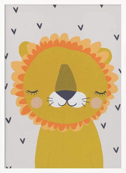 A cute, cartoon illustration of a sleeping lion's head and shoulders. The lion is golden yellow with a fluffy orange and light yellow mane, closed eyes with long lashes, a white muzzle, and pink cheeks. The background is light gray with a pattern of small, dark blue V-shapes. Wall Art