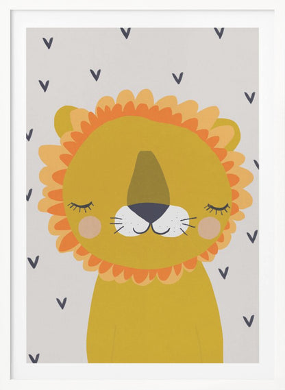 A cute, cartoon illustration of a sleeping lion's head and shoulders. The lion is golden yellow with a fluffy orange and light yellow mane, closed eyes with long lashes, a white muzzle, and pink cheeks. The background is light gray with a pattern of small, dark blue V-shapes. Wall Art