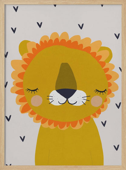 A cute, cartoon illustration of a sleeping lion's head and shoulders. The lion is golden yellow with a fluffy orange and light yellow mane, closed eyes with long lashes, a white muzzle, and pink cheeks. The background is light gray with a pattern of small, dark blue V-shapes. Wall Art