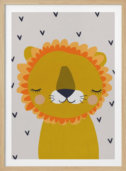 A cute, cartoon illustration of a sleeping lion's head and shoulders. The lion is golden yellow with a fluffy orange and light yellow mane, closed eyes with long lashes, a white muzzle, and pink cheeks. The background is light gray with a pattern of small, dark blue V-shapes. Wall Art