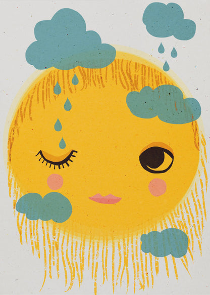 A whimsical illustration of a large, round yellow sun with a friendly face. The sun is winking with one eye, has pink cheeks, and its rays are depicted as a shaggy fringe. Small, stylistic blue clouds float around it, with some dripping blue raindrops. Wall Art