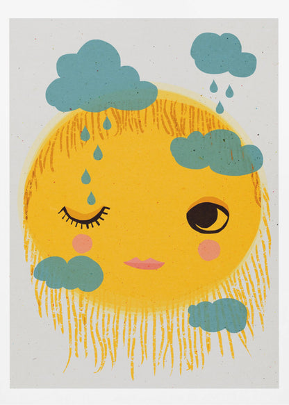 A whimsical illustration of a large, round yellow sun with a friendly face. The sun is winking with one eye, has pink cheeks, and its rays are depicted as a shaggy fringe. Small, stylistic blue clouds float around it, with some dripping blue raindrops. Wall Art