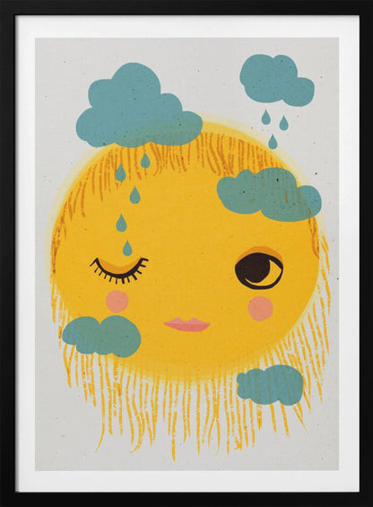 A whimsical illustration of a large, round yellow sun with a friendly face. The sun is winking with one eye, has pink cheeks, and its rays are depicted as a shaggy fringe. Small, stylistic blue clouds float around it, with some dripping blue raindrops. Wall Art