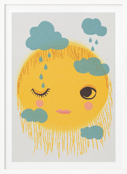 A whimsical illustration of a large, round yellow sun with a friendly face. The sun is winking with one eye, has pink cheeks, and its rays are depicted as a shaggy fringe. Small, stylistic blue clouds float around it, with some dripping blue raindrops. Wall Art