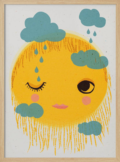 A whimsical illustration of a large, round yellow sun with a friendly face. The sun is winking with one eye, has pink cheeks, and its rays are depicted as a shaggy fringe. Small, stylistic blue clouds float around it, with some dripping blue raindrops. Wall Art