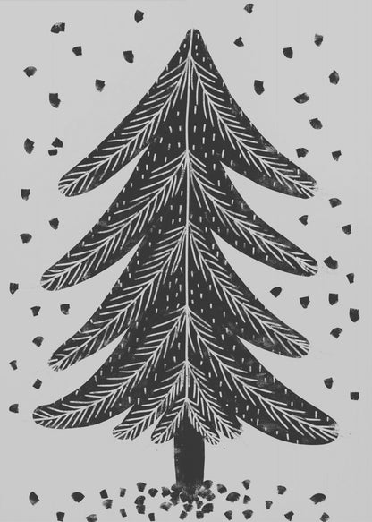 A black and white block print illustration of a stylized Christmas tree against a light gray background. Black specks representing falling snow surround the tree. The artwork has a rustic, folk art feel and is presented in a black frame. Print