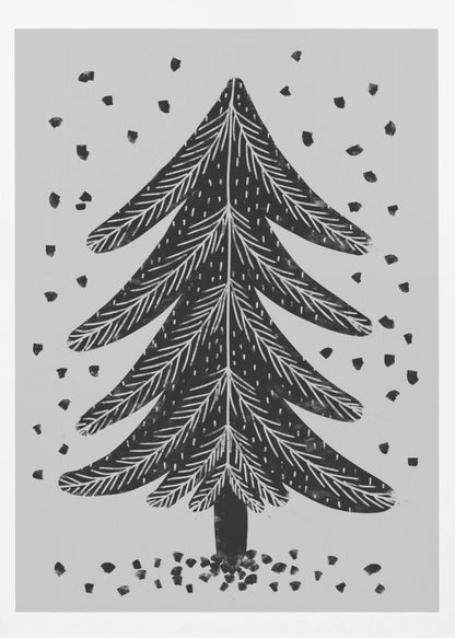 A black and white block print illustration of a stylized Christmas tree against a light gray background. Black specks representing falling snow surround the tree. The artwork has a rustic, folk art feel and is presented in a black frame. Print