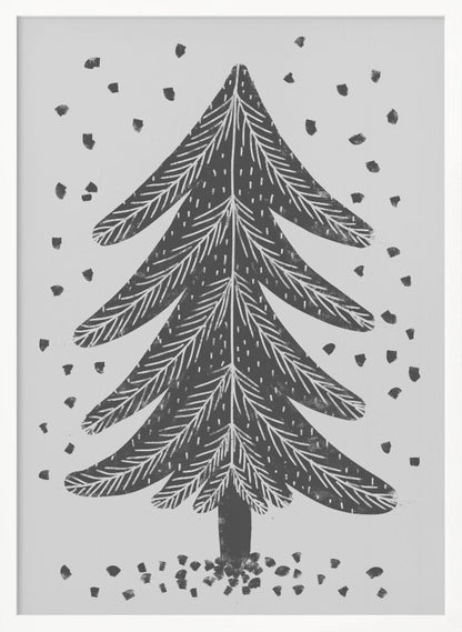 A black and white block print illustration of a stylized Christmas tree against a light gray background. Black specks representing falling snow surround the tree. The artwork has a rustic, folk art feel and is presented in a black frame. Print