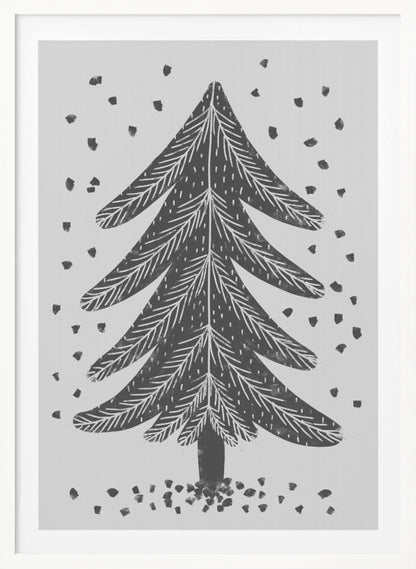 A black and white block print illustration of a stylized Christmas tree against a light gray background. Black specks representing falling snow surround the tree. The artwork has a rustic, folk art feel and is presented in a black frame. Print