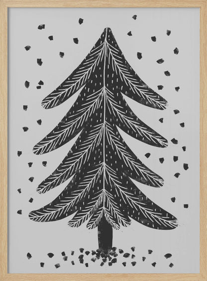 A black and white block print illustration of a stylized Christmas tree against a light gray background. Black specks representing falling snow surround the tree. The artwork has a rustic, folk art feel and is presented in a black frame. Print