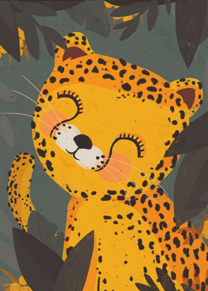 A cute, stylized illustration of a happy leopard with its eyes closed, smiling contentedly. The yellow and black-spotted leopard is surrounded by dark green and black jungle foliage. Decor