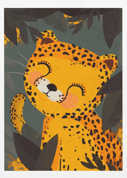 A cute, stylized illustration of a happy leopard with its eyes closed, smiling contentedly. The yellow and black-spotted leopard is surrounded by dark green and black jungle foliage. Decor