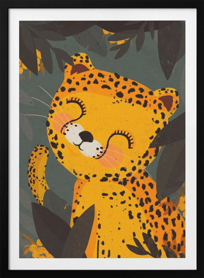 A cute, stylized illustration of a happy leopard with its eyes closed, smiling contentedly. The yellow and black-spotted leopard is surrounded by dark green and black jungle foliage. Decor