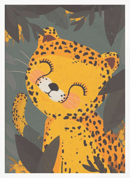 A cute, stylized illustration of a happy leopard with its eyes closed, smiling contentedly. The yellow and black-spotted leopard is surrounded by dark green and black jungle foliage. Decor