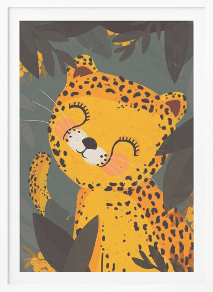 A cute, stylized illustration of a happy leopard with its eyes closed, smiling contentedly. The yellow and black-spotted leopard is surrounded by dark green and black jungle foliage. Decor