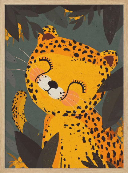 A cute, stylized illustration of a happy leopard with its eyes closed, smiling contentedly. The yellow and black-spotted leopard is surrounded by dark green and black jungle foliage. Decor
